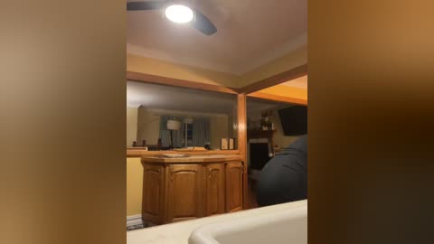 Media: Video of a dimly lit, beige-walled bathroom with a wooden vanity, ceiling fan, and a person partially visible in the background, wearing a dark shirt.