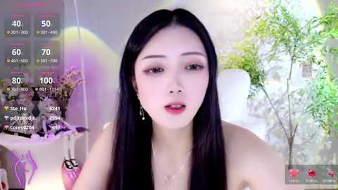 Media: Video of an East Asian woman with long black hair, wearing red lipstick, sitting in a room with a green plant, and various digital overlays showing live streaming stats.