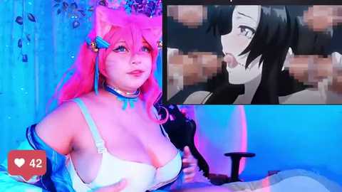 Media: Video of a busty woman in a pink wig and revealing outfit, with a video screen of a male character.