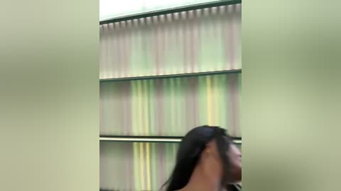 Media: Video of a blurred person with long black hair, partially visible in a modern library with vertical, striped bookshelves and a glass ceiling.