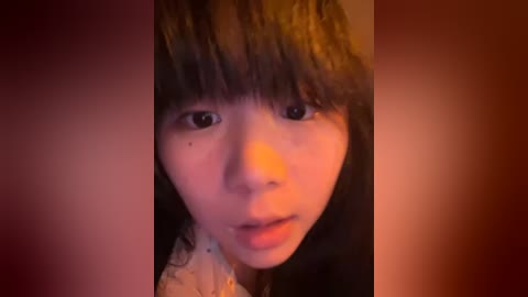 Media: Video of a young Asian girl with dark hair, looking intensely at the camera. She has a pale complexion, and the background is blurred with warm, reddish tones.