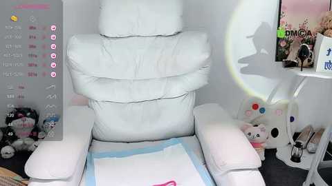 Media: Video of a plush white armchair with a blue and white blanket, surrounded by stuffed toys and a bookshelf.