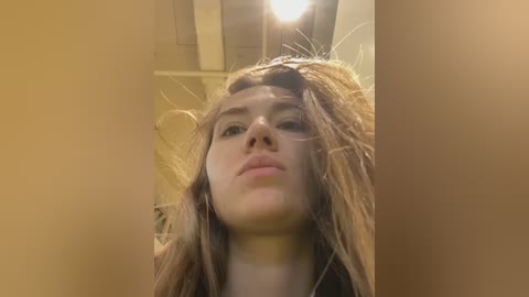 Media: Video of a young woman with long, messy hair, fair skin, and brown eyes, looking up with a neutral expression. She is indoors with warm lighting and a ceiling fan visible in the background.