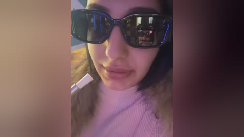 Media: Video of a woman with fair skin, wearing black sunglasses, a white headset, and a fur-trimmed coat, taken indoors with a warm, soft lighting.