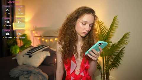 Media: Video of a curly-haired, fair-skinned young woman in a red satin robe, looking at her phone in a cozy bedroom with warm lighting, a potted plant, and a bed.