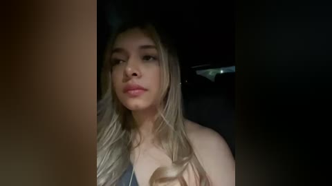 Media: A video of a young woman with long, blonde hair and fair skin, wearing a sleeveless top, captured in a dimly lit car interior. She gazes thoughtfully ahead, with soft, natural lighting casting shadows on her face.