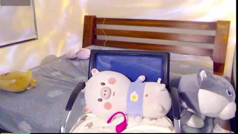 Media: A video of a hospital room with a patient's bed in the foreground. The bed has a grey blanket, and stuffed animals including a white bear and a grey whale. A yellow stuffed animal is on the left. The room has a wooden headboard.