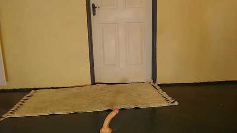 Media: Video of a beige door with a doorknob in a yellow-painted room. A beige rug with fringe is placed in front of the door. A hand with a circumcised penis is visible in the foreground.