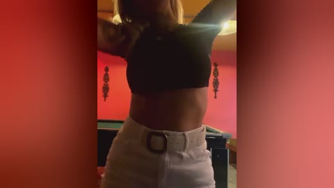 Media: A dimly-lit video of a woman wearing a black crop top and high-waisted white pants, taken in a red-walled room with a pool table in the background.