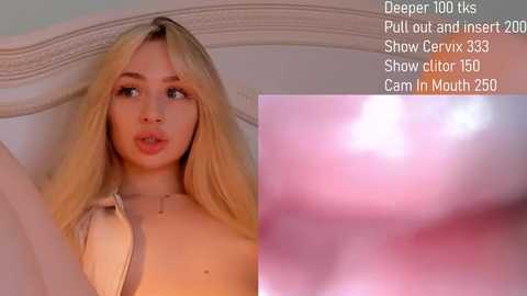 Media: A video of a young blonde woman with fair skin, wearing a beige bra, with text overlay about a \"Deep Throat\" scene, and a close-up of a pink tongue.