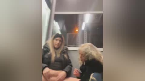 Media: A video shows two women, one with long blonde hair in a black jacket, sitting on a bus, while another with curly hair and a black jacket looks out the window at a blurred, dimly lit scene.