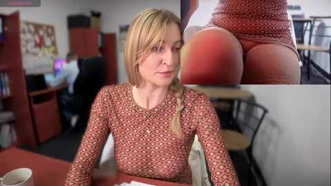 Media: A video shows a blonde woman in a red-patterned top, seated at a table, with a close-up of a reddened buttock in the background.