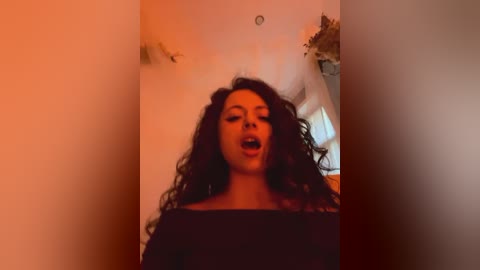 Media: A video captures a woman with curly dark hair and light skin, wearing a black off-shoulder top, singing passionately in a dimly lit room with warm orange lighting.