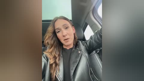 Media: Video of a young woman with long, wavy brown hair, wearing a black leather jacket and a black shirt, sitting in a car with the door open. The background shows a blurry, neutral-toned interior.