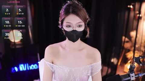 Media: Video of an Asian woman with fair skin, wearing a black mask, off-shoulder white lace dress, and glasses, standing in a dimly lit studio with a digital temperature gauge in the corner.