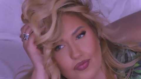 Media: Video of a blonde woman with fair skin, blue eyes, and full lips, lying on a bed, brushing her hair. She wears a camo-patterned top and a silver ring.