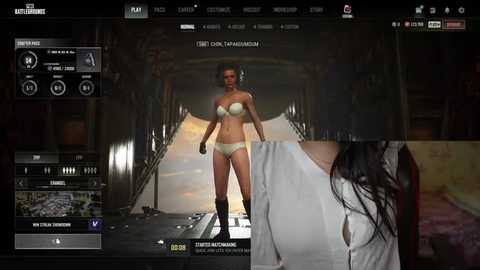 Media: A CGI screenshot of a woman in a white bra and panties, walking down a dimly lit, industrial corridor. The background features metallic textures and a glowing, ethereal light.