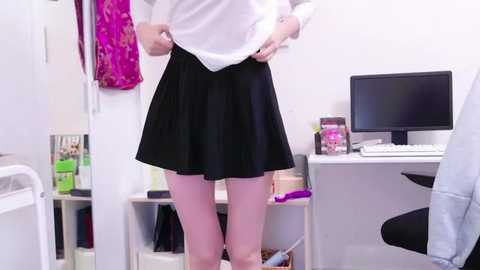 Media: Video of a slender, light-skinned person in a white blouse and black pleated skirt, standing in a clean, modern office with white walls, a desk, monitor, and colorful artwork.