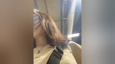 Media: Video of a woman with shoulder-length brown hair, wearing glasses and a beige coat, sitting in an airplane cabin, with blurred background showing other passengers.