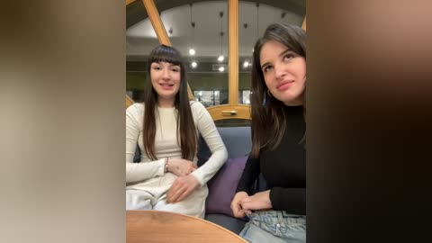 Media: Video of two young women with long dark hair, seated on a modern wooden bench in a library. They wear long-sleeved, light-colored shirts. Background includes large windows and bookshelves.