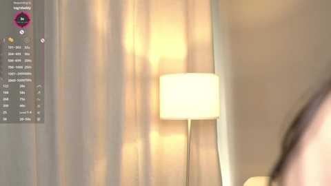 Media: Video of a modern bedroom with a soft, warm light coming from a tall, cylindrical lamp on a white nightstand. A sheer curtain in the background is slightly open, revealing a glimpse of a window with natural light filtering through.