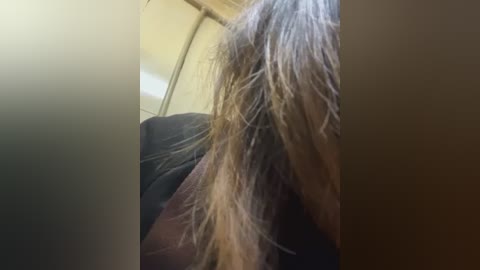 Media: Video of a person with long, messy brown hair partially covering their face, sitting in a dimly lit room with beige walls and dark furniture.