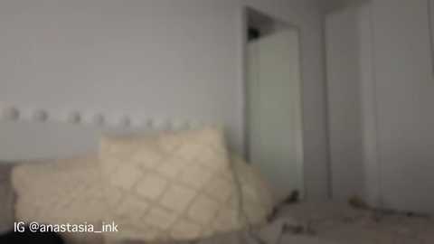 Media: A blurred, dimly lit video shows a messy bedroom with a bed, a beige quilt, and a white door. The room has a white wall and a faint outline of a person.