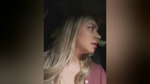 Media: A video of a young woman with long, wavy blonde hair, wearing a pink blouse, talking on a green cell phone in a dimly lit, indistinct background.