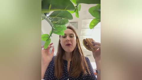 Media: A video of a young Caucasian woman with straight brown hair, wearing a navy blue dress with white polka dots, holding a sandwich and green plant leaves in a modern, bright kitchen.