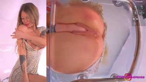 Media: Video of a light-skinned woman with long blonde hair, wearing a leopard print dress, lifting her breast, with an inset close-up of her exposed vulva.