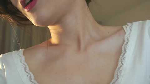 Media: Video of a woman's neck and shoulders, with fair skin, a white lace-trimmed blouse, and a hint of red lipstick. The background is blurred, focusing on her delicate features and soft lighting.