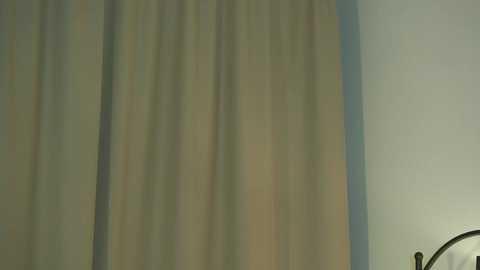 Media: A video showing a beige curtain with faint horizontal stripes, partially covering a pale blue wall. The right edge of the image includes part of a metallic, curved lamp.