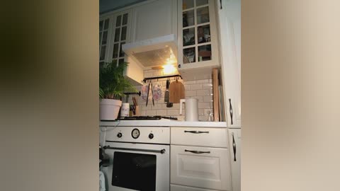 Media: Video of a cozy, well-lit kitchen with white cabinets, a white stove, and a tiled backsplash. A potted fern sits on the countertop next to a roll of paper towels.