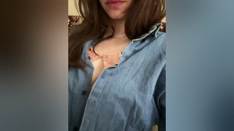 Media: A video of a light-skinned woman with long brown hair, wearing a partially unbuttoned denim shirt that reveals a pink lace bra.