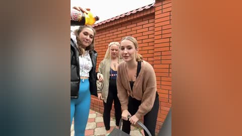 Media: Video of three young women in casual attire, standing in front of a red brick wall. One woman is holding a skateboard.