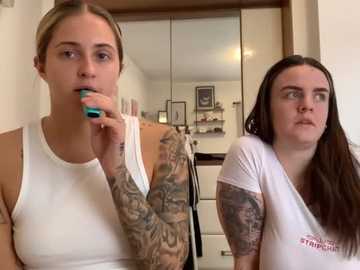 Media: Video of two women with tattoos; one brushing teeth, the other gazing at mirror. White shirts, white bathroom with cabinets and mirror.