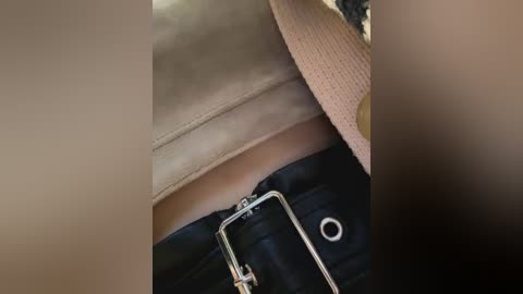 Media: Video of a beige leather belt buckle on a black leather belt, with a beige and white sweater partially visible, suggesting a casual, warm outfit.