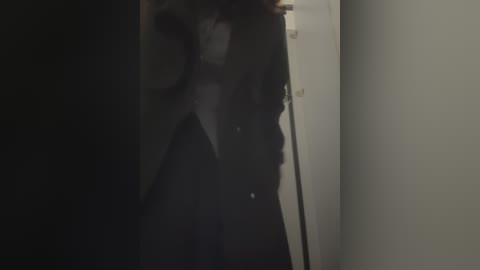 Media: Video of a dimly lit, indistinct figure standing in a narrow, dark hallway, partially obscured by shadows. The figure wears a long, dark coat and has a hat, with a faintly visible white scarf around their neck.