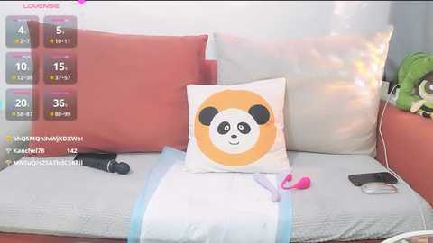 Media: Video of a cozy, sunlit room with a white pillow featuring a panda face, a grey blanket, and a green toy.