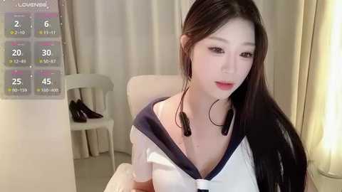 Media: Video of an East Asian woman with long black hair, wearing a white sailor-style top with a navy blue collar, seated in a softly lit room with cream-colored curtains and a white chair in the background.