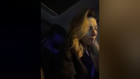 Media: Video of a blonde woman with shoulder-length hair in a black coat, sitting in a dimly lit car at night.