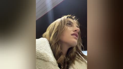 Media: Video of a young woman with long, wavy blonde hair, wearing a beige fur coat, looking upward, possibly in a car, with sunlight filtering through the windshield.