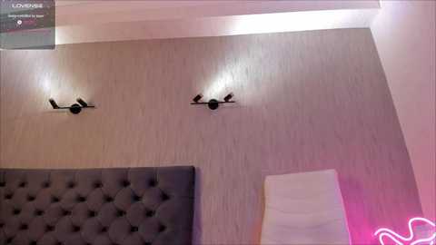 Media: A video of a modern bedroom with a textured light gray wall, two minimalist wall-mounted lights, a tufted gray headboard, and a neon sign with pink and white hues.