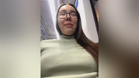 Media: A video of a smiling, middle-aged woman with glasses, fair skin, and long brown hair, wearing a green ribbed turtleneck sweater, taken from the front inside a subway car.