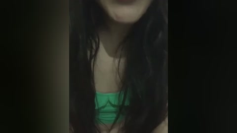 Media: Video of a young woman with long, wet, dark hair, wearing a green bra, standing against a dark background, emphasizing a casual, intimate, and slightly blurred atmosphere.