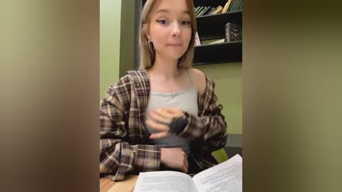 Media: Video of a young Caucasian woman with shoulder-length blonde hair, wearing a plaid shirt and gray tank top, studying an open book at a desk in a room with green walls and bookshelves.