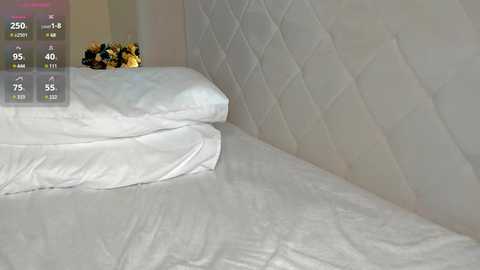 Media: Video of a minimalist bedroom with a white bed featuring a single pillow and a bouquet of yellow and white flowers on a nightstand. The room has a quilted white wall and a digital overlay with temperature and humidity data.