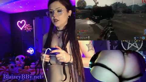 Media: Video collage of a woman in a video game with a realistic, exposed rear, a close-up of her buttocks, and a neon-lit room.