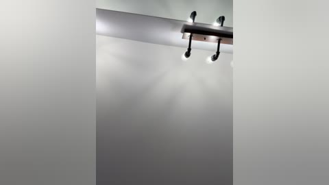 Media: A video of a minimalist, modern ceiling with a sleek, black track light fixture featuring three adjustable spotlights, casting a soft glow on a white wall. The image is framed by two vertical, blurred white walls, creating a sense of depth.