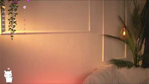 Media: A video of a serene, dimly-lit bedroom with soft, warm lighting. A white bed with a white blanket is partially visible on the right. A potted plant with green leaves and a red lantern add to the cozy ambiance.